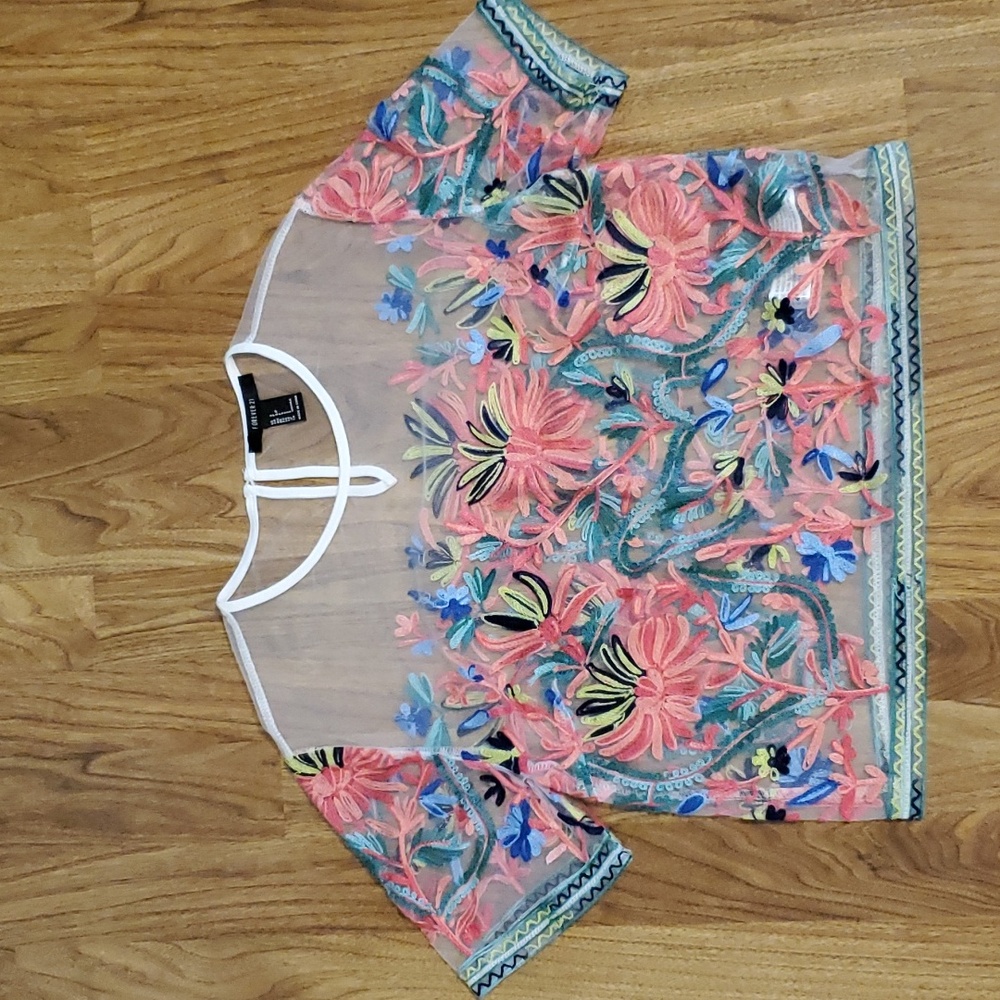 Forever 21 Embroidered Sheer Slightly Cropped Top Size S